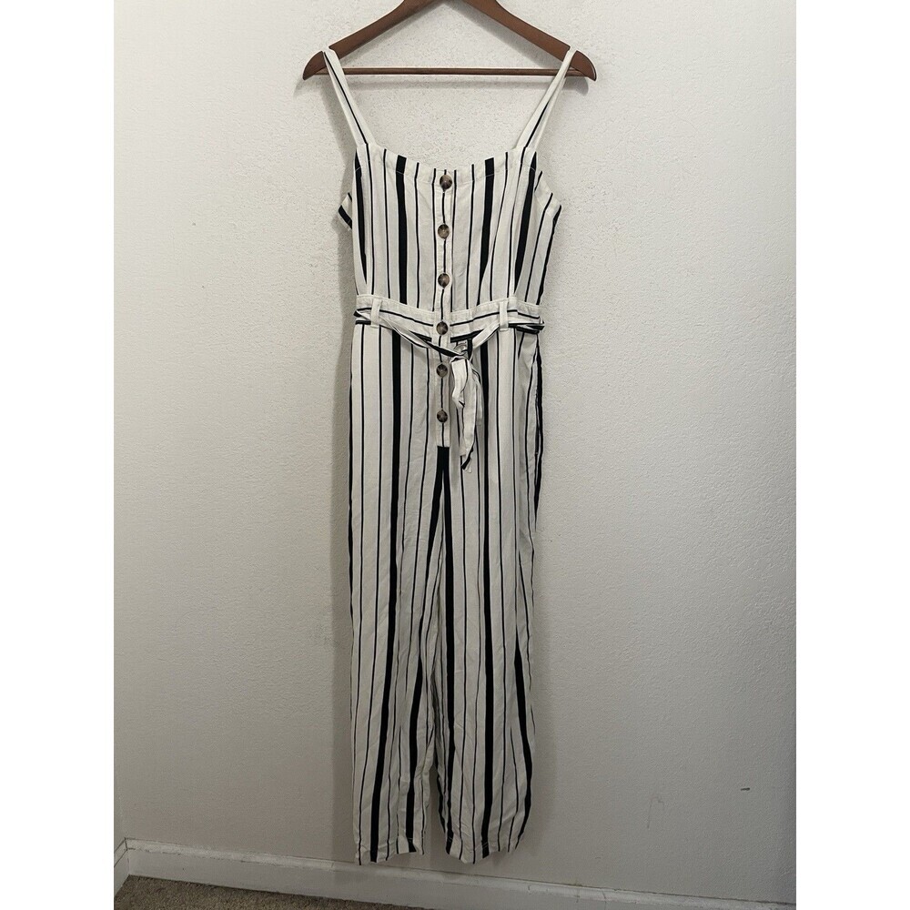 LOFT Women’s Size 6 Black Striped Jumpsuit Linen Blend Belted Button Front Chic - Picture 2 of 9